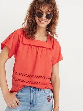 Madewell Coral Square-Neck Eyelet Top